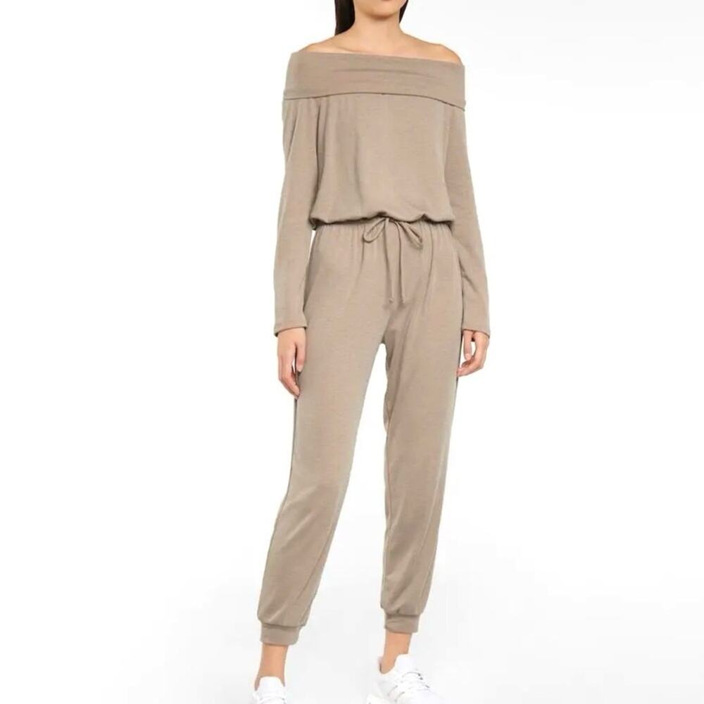 Lanston Beige Fold Over Off the Shoulder Jumpsuit, Comfy Ribbed Knit, Size XS